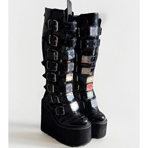 Demonia Swing-815 Platform Knee High Buckle Boots Black Patent Size 7